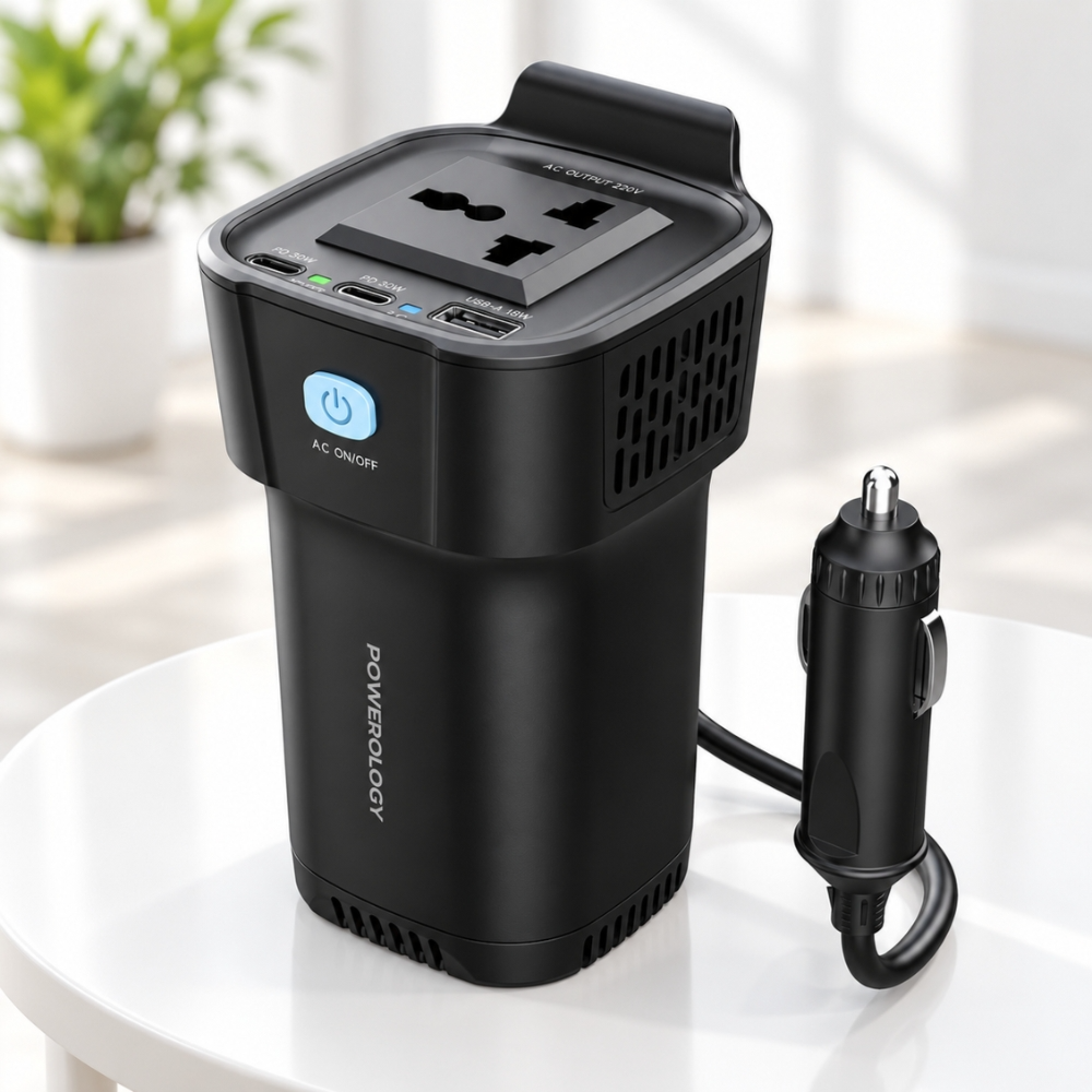 Powerology 150W Car Power Inverter with Dual USB-C PD & USB-A QC - Black