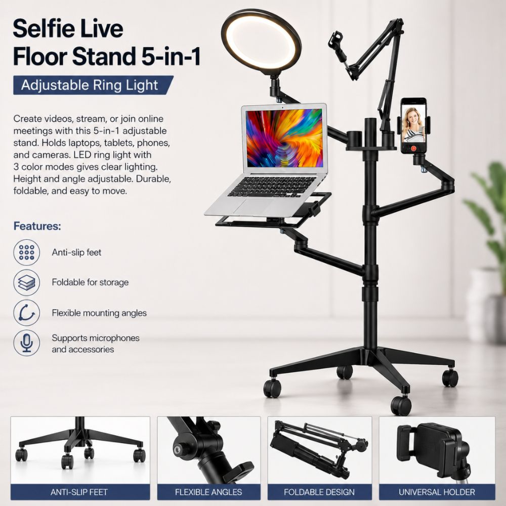 5-in-1 Live Streaming Stand with Ring Light, Phone & Laptop Holder