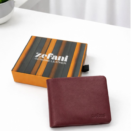 Zefani Genuine Leather Bi-Fold Wallet for Men with Coin Pouch- Maroon