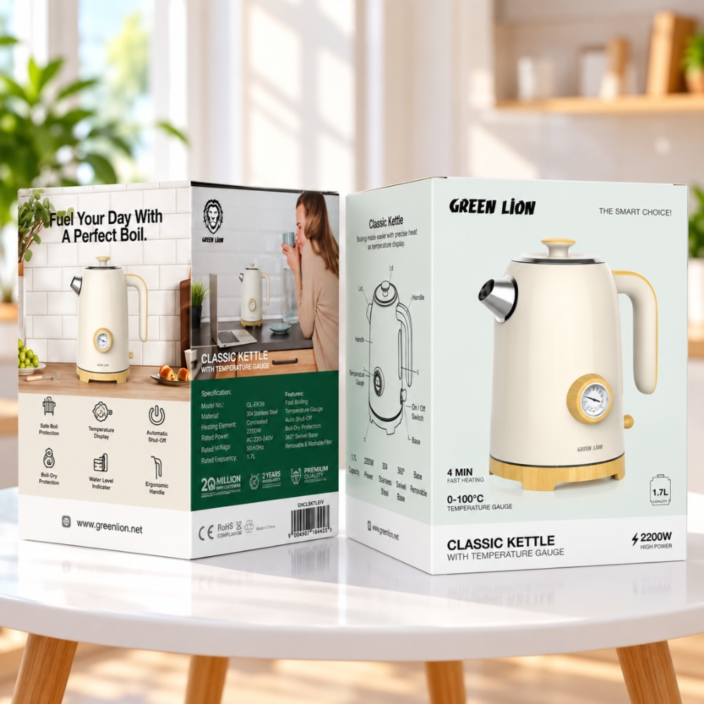 Green Lion Electric Kettle 1.7L 2200W – Fast Boil, Temp Control, Auto Shut-Off – Beige