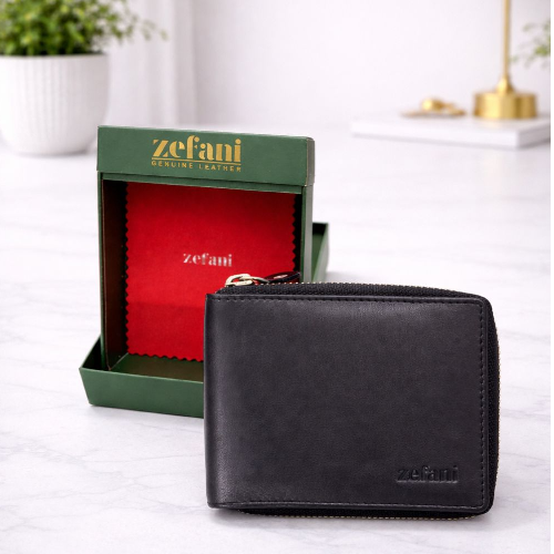 Zefani Premium Round Zip Bi-Fold Genuine Leather Wallet - Black
