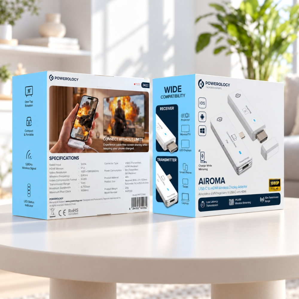 Powerology AIROMA USB-C to HDMI Wireless Adapter, Wireless Display & Screen Mirroring, 1080P 60Hz, 50m - White