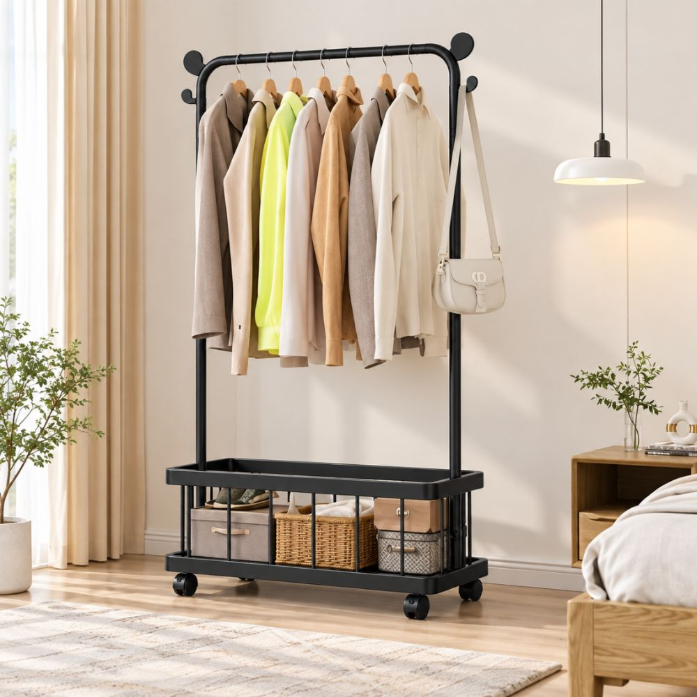 Single-Rod Clothes Rack with Storage Shelf & Wheels Black