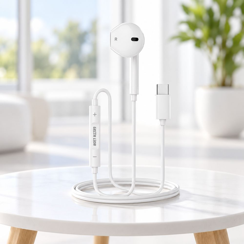 Green Lion Type-C Wired Mono Earphone USB-C Headset with Control Buttons 1.2m – White