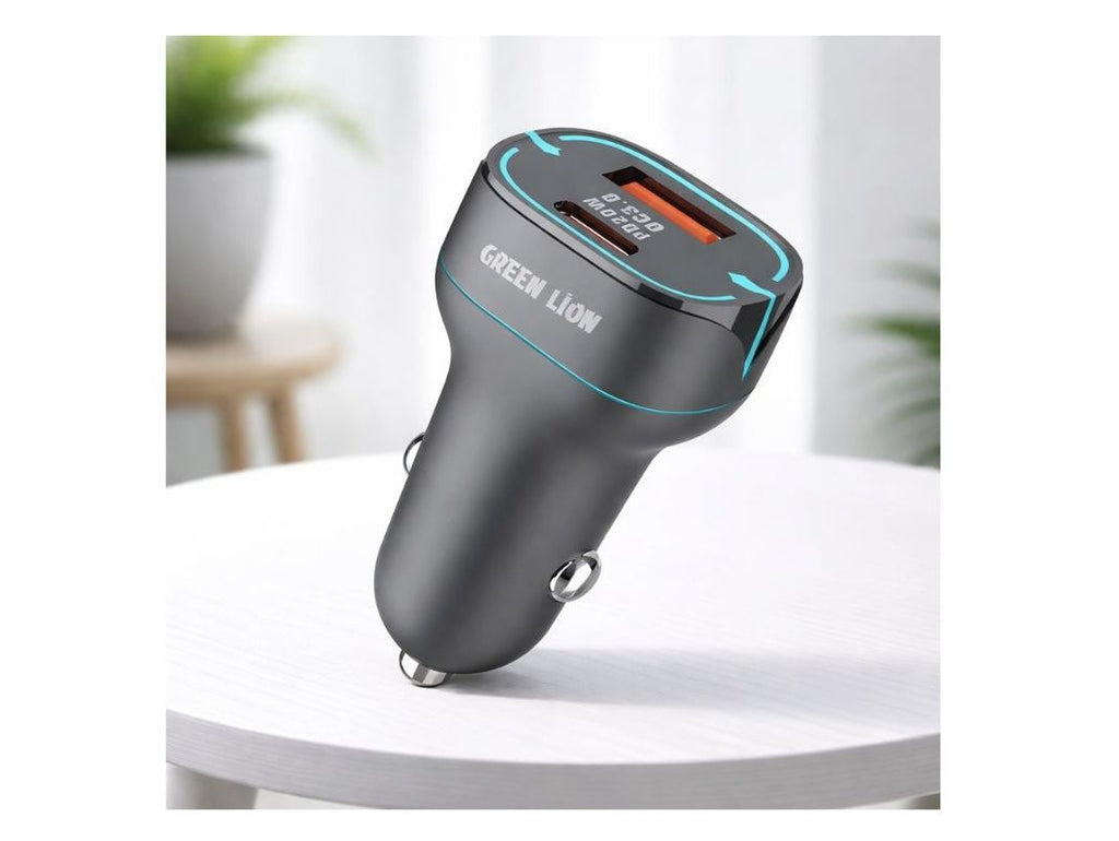 Dual Port Car Charger – Fast Car Charger With USB-C To USB-C Cable Green Lion
