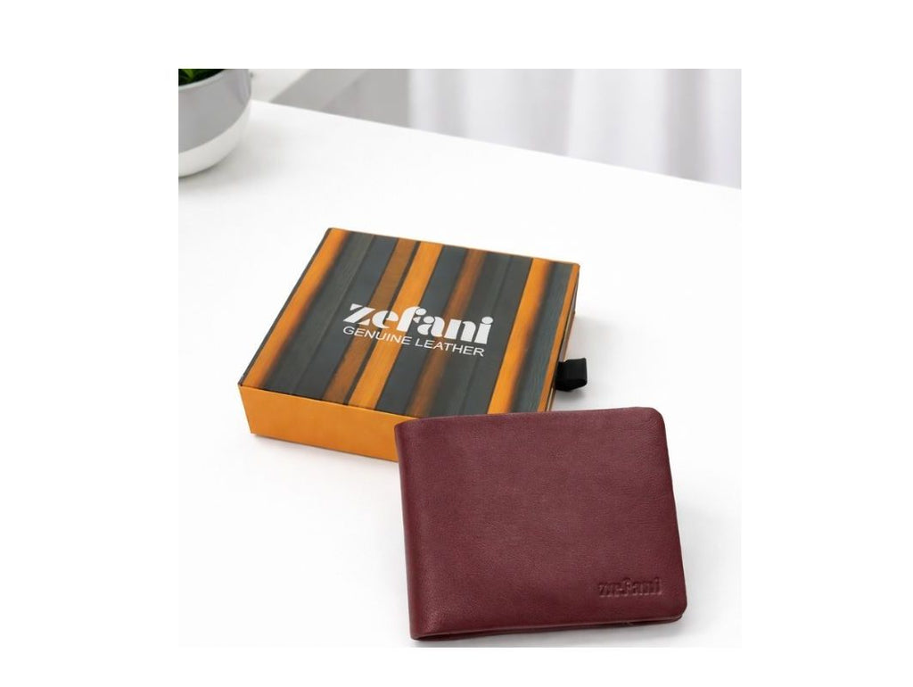 Zefani Genuine Leather Bi-Fold Wallet for Men with Coin Pouch- Maroon