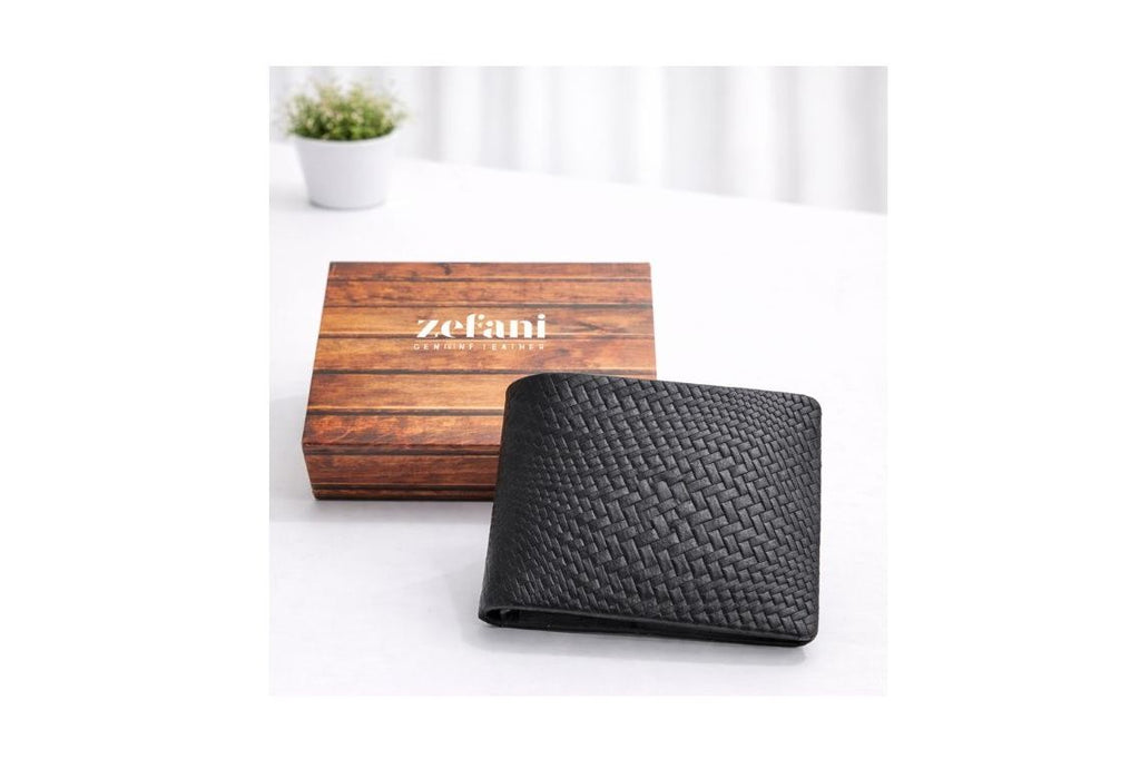 Zefani Heritage Weave Genuine Leather Bi-Fold Wallet - Black