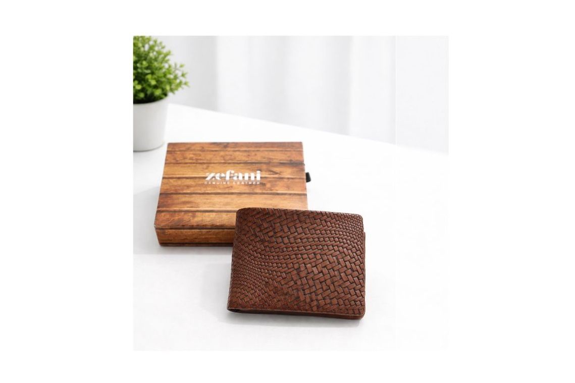 Zefani Heritage Weave Genuine Leather Bi-Fold Wallet - Tan