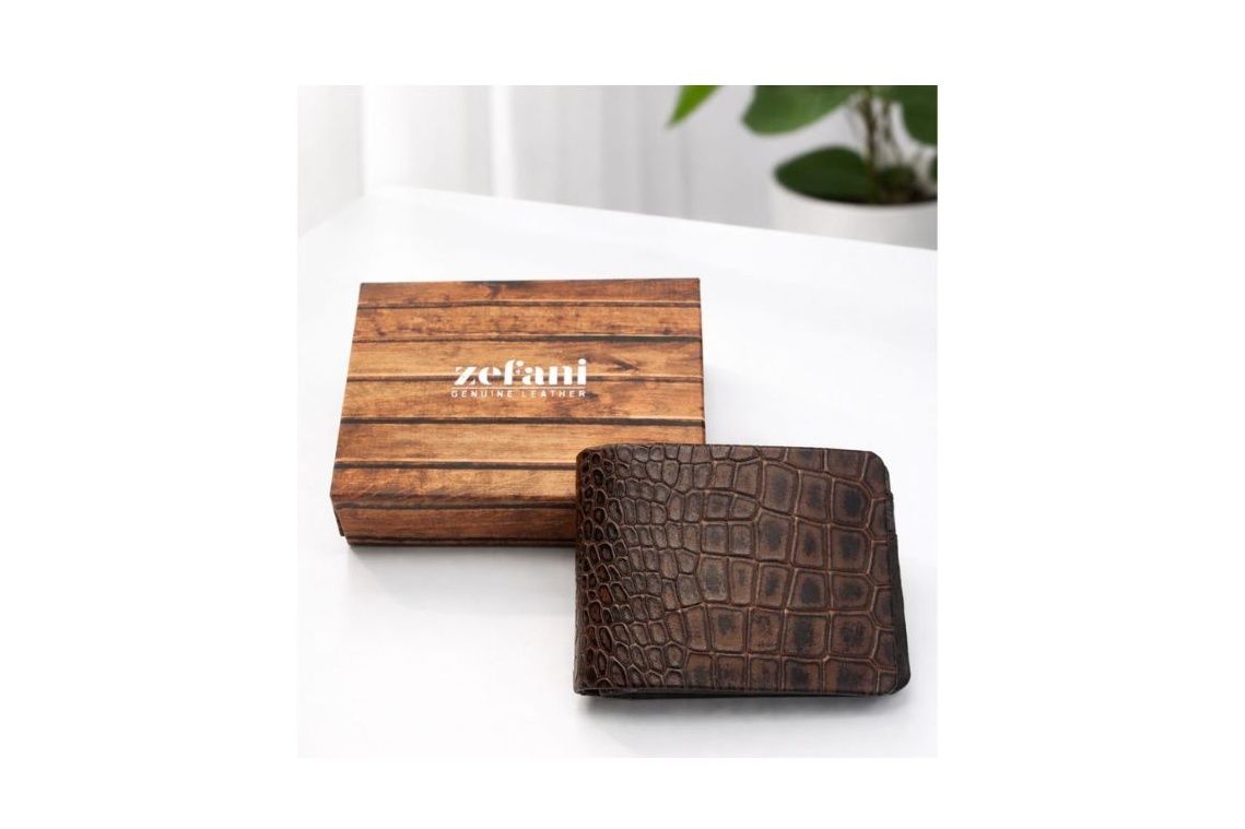 Zefani Premium Croc Texture Genuine Leather Bi-Fold Wallet for Men - Brown