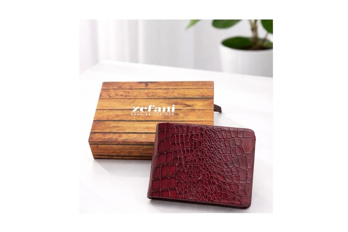 Zefani Premium Croc Texture Genuine Leather Bi-fold Wallet For Men - Maroon