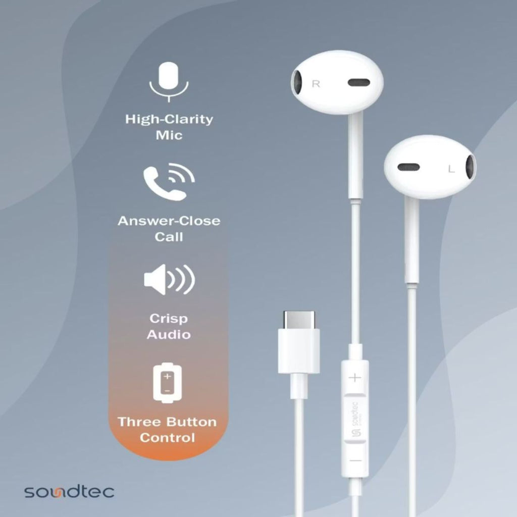 Pd-stcep-wh Porodo Soundtec Stereo Earphones Type-c with High-clarify Mic