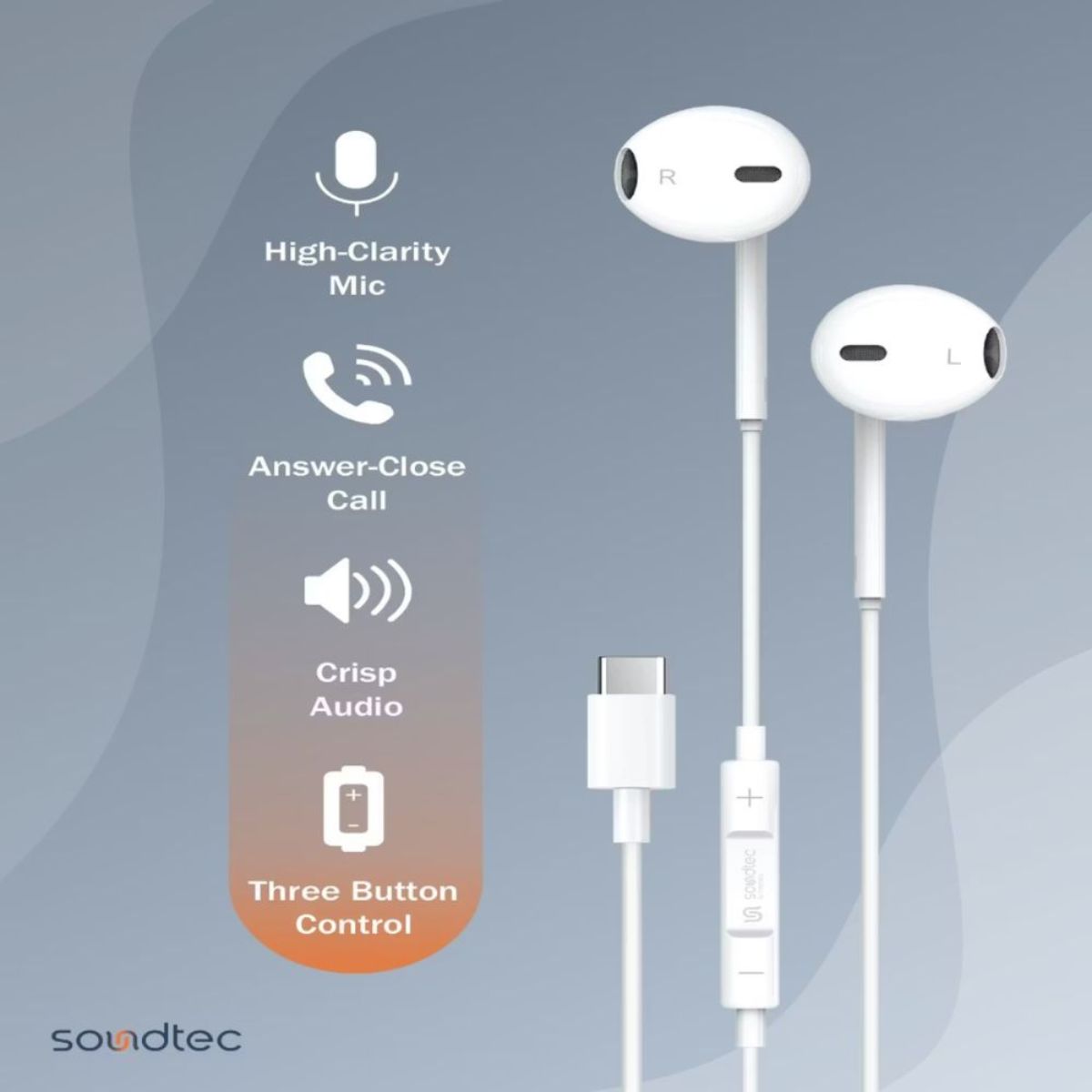 Pd-stcep-wh Porodo Soundtec Stereo Earphones Type-c with High-clarify Mic