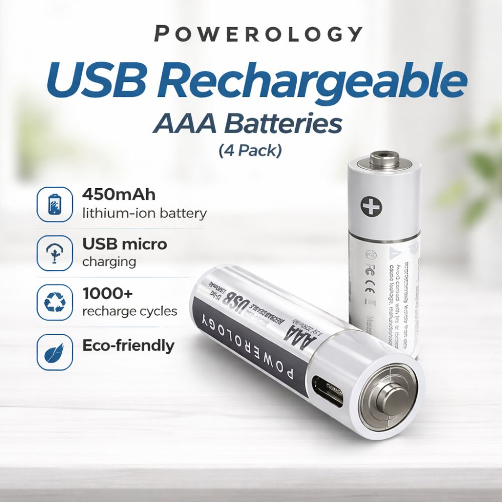 Powerology USB Rechargeable Lithium-ION AAA Battery (450mAh / 675mWh)