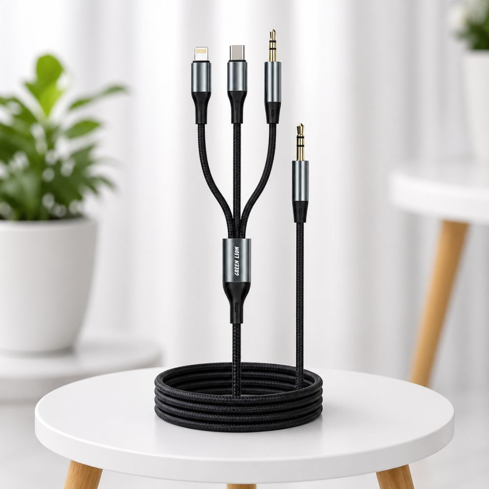 3-in-1 AUX Cable – Green Lion Lightning, USB-C & 3.5mm Audio Cable 1M for Car & Speakers