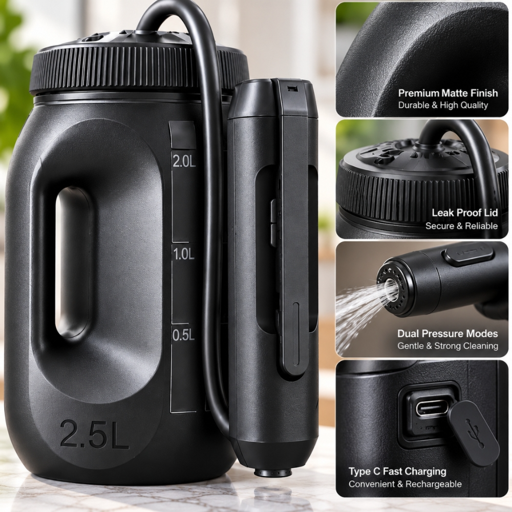 Blue Fire Rechargeable Portable Travel Bidet Sprayer 2.5L Dual Pressure Modes Type C Fast Charging - Black