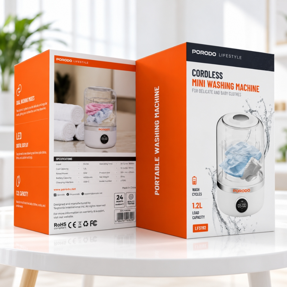 Porodo Lifestyle Cordless Mini Washing Machine 1.2L 4000mAh – White
