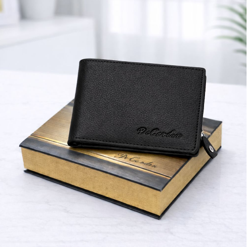 DeCardin Premium Zipper Bi-Fold Leather Wallet for Men - Black