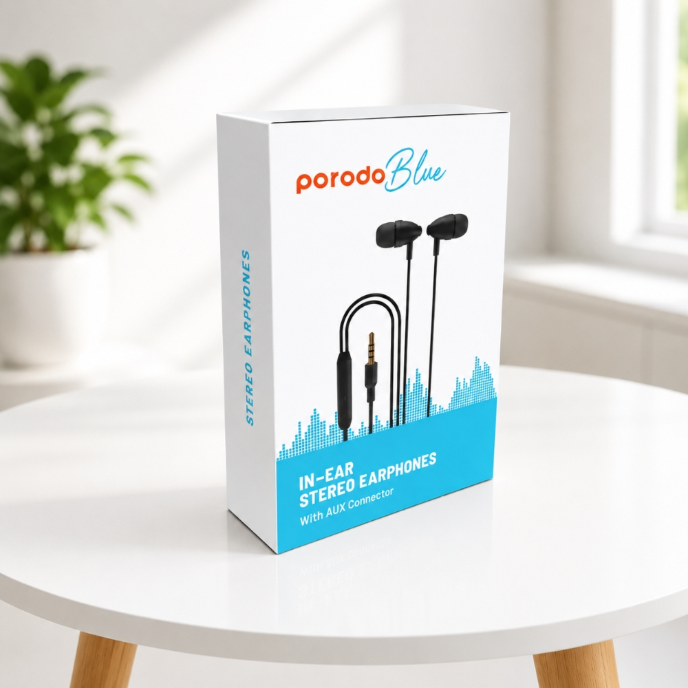 Porodo Blue Wired Stereo Earphones with Mic – 3.5mm AUX In-Ear Headphones, 1.2m