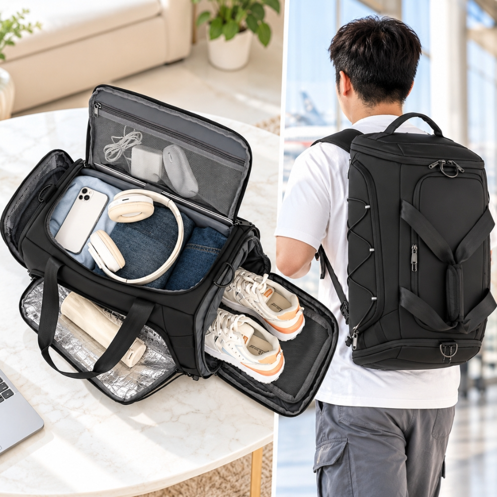 Porodo Lifestyle Caryo 3-in-1 Sports Duffel Bag & Travel Backpack – Black