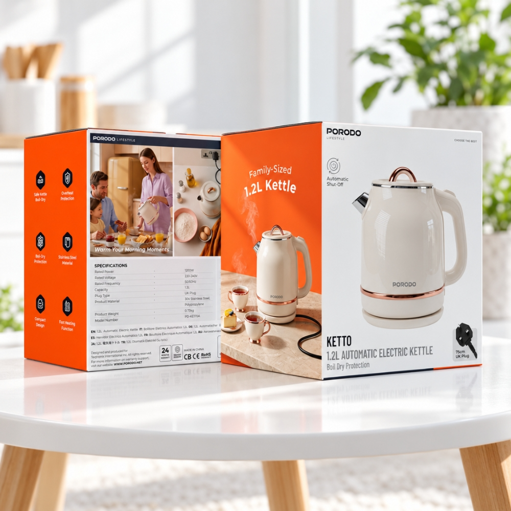 Porodo Lifestyle Ketto 1.2L 1500W Electric Kettle with Automatic Shut-Off – Beige