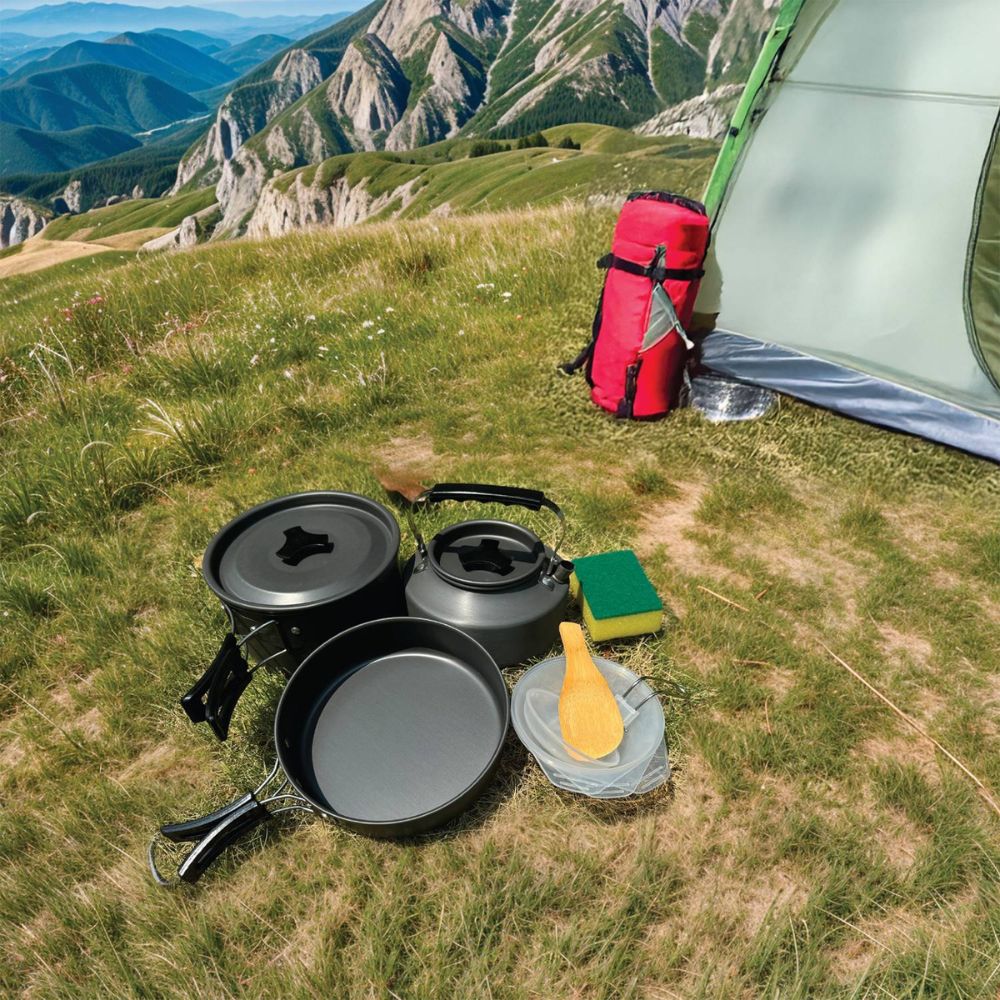 7 in 1 Camping Cookware Set – Outdoor Cooking Kit Green Lion