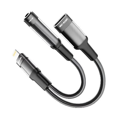 Green Lion 2 in 1 Earphone & Charging Adapter Lightning to Lightning + 3.5 12CM - Black