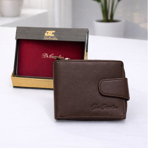 DeCardin Men’s Leather Bi-Fold Wallet with Zipper Coin Pocket - Brown