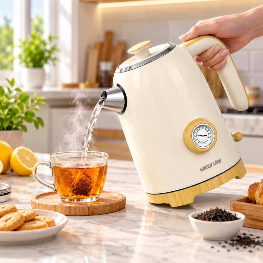 Green Lion Electric Kettle 1.7L 2200W – Fast Boil, Temp Control, Auto Shut-Off – Beige