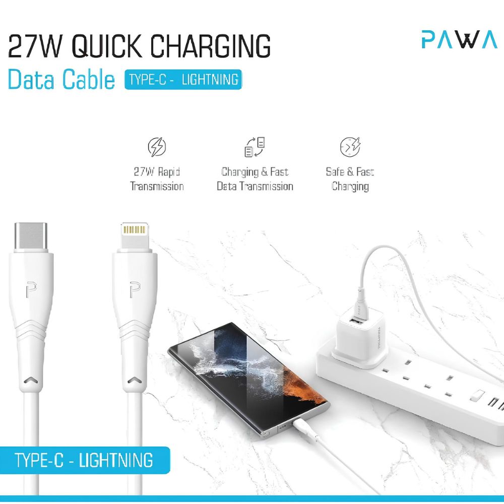 Pawa Type-C to Lightning PVC Cable 27W Quick Charging 1.2m - White