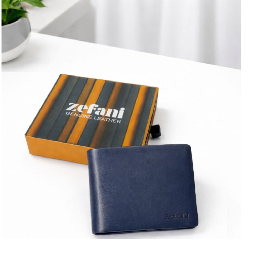ZEFANI Premium Genuine Leather Bi-Fold Wallet for Men - Blue