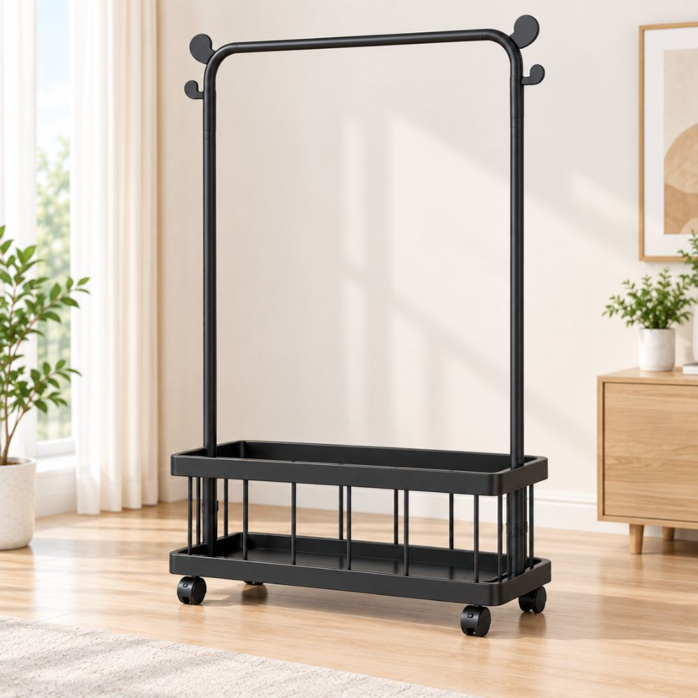 Single-Rod Clothes Rack with Storage Shelf & Wheels Black
