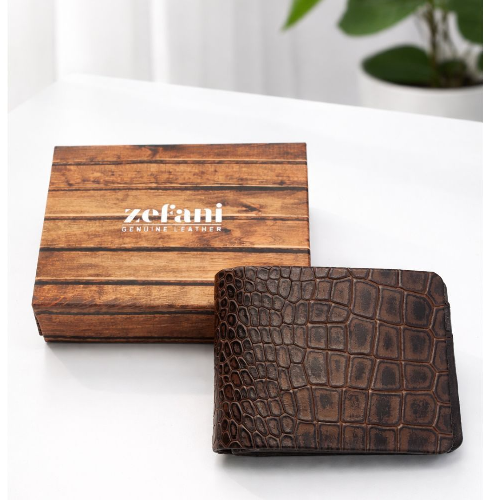 Zefani Premium Croc Texture Genuine Leather Bi-Fold Wallet for Men - Brown