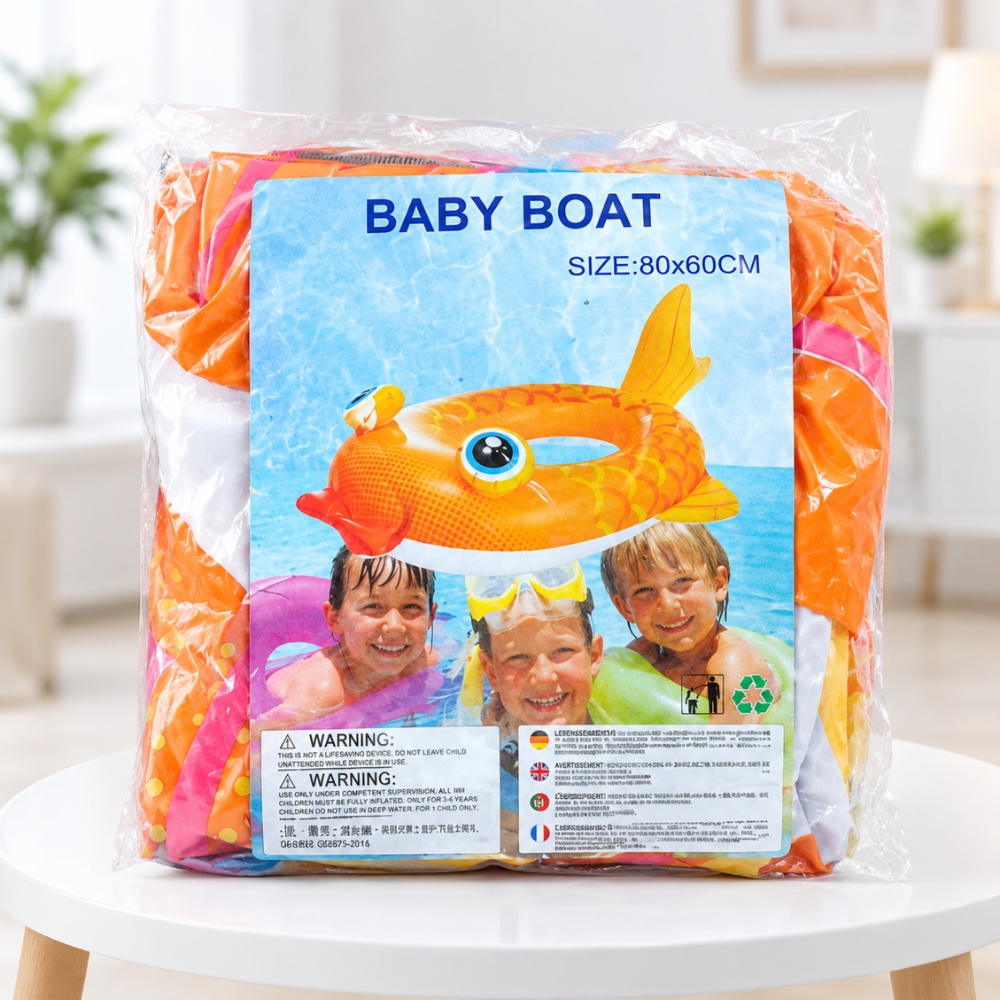 Inflatable Baby Boat Fish-Shaped Swimming Float Orange – 80×60cm