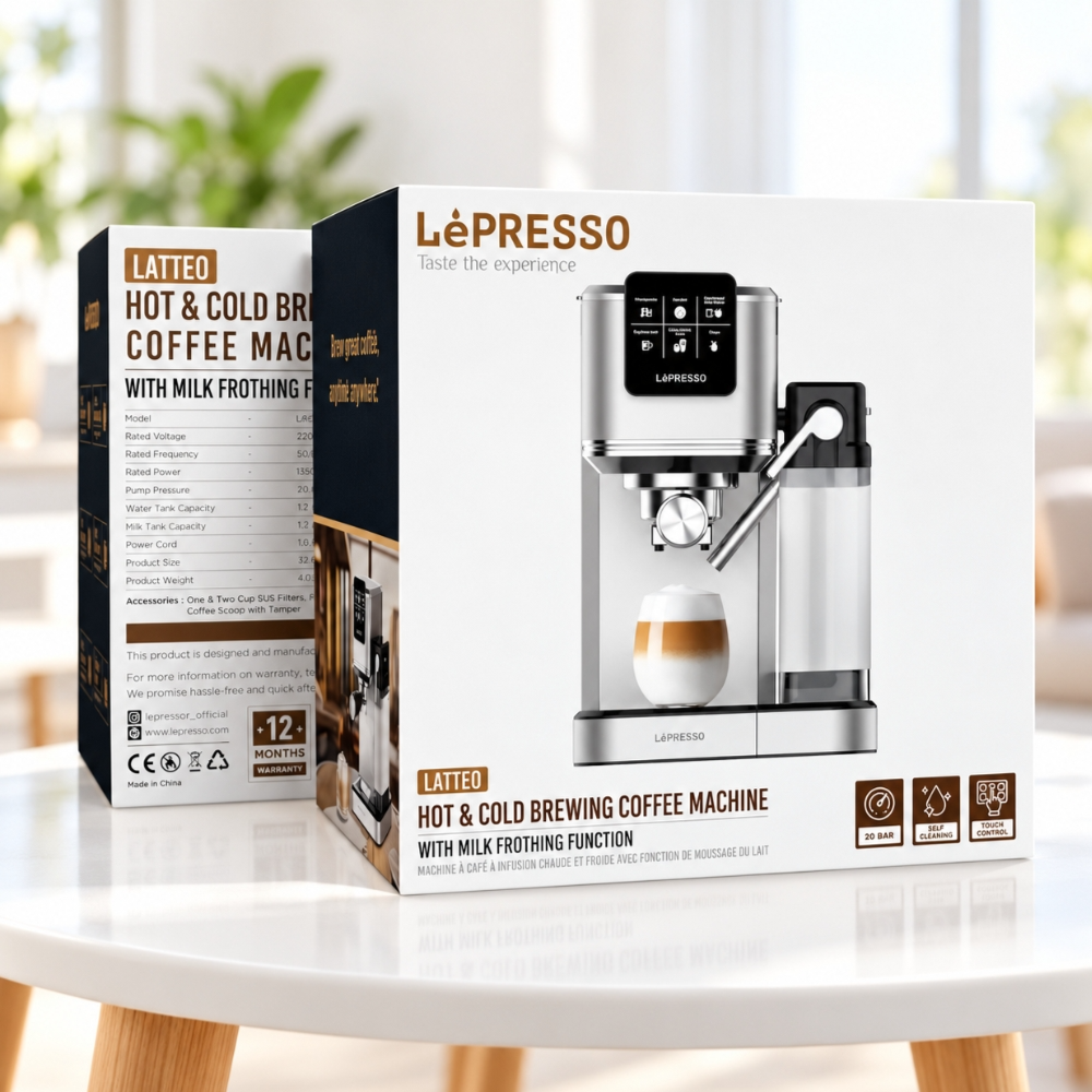 LePresso Latteo 20-Bar Coffee Machine – Hot & Cold Coffee Maker with Milk Frother, 1350W, 1.2L Water Tank, 1L Milk Tank - Silver