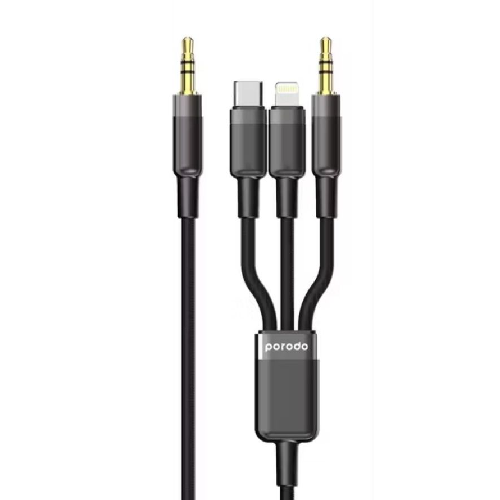 Porodo Multi-Device AUX 3.5mm Type-C Cable With Lightning & AUX Connector - Black - 1.2M