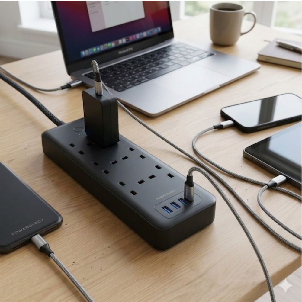 Powerology 48W 6AC 1X PD Usb-c and 3X QC Usb-a Power Strip UK PD 30W- Black