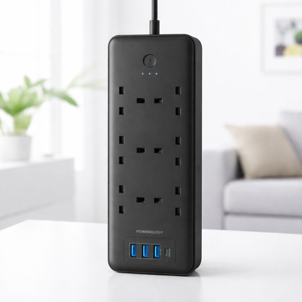 Powerology 48W 6AC 1X PD Usb-c and 3X QC Usb-a Power Strip UK PD 30W- Black