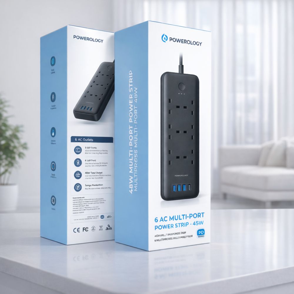 Powerology 48W 6AC 1X PD Usb-c and 3X QC Usb-a Power Strip UK PD 30W- Black