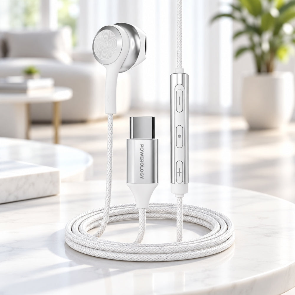 Powerology Lace Mono USB-C Earphone with 3-Button Volume Control – White