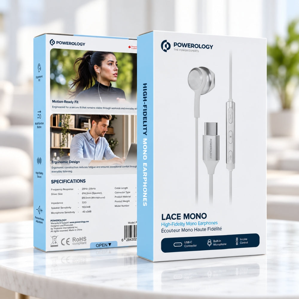 Powerology Lace Mono USB-C Earphone with 3-Button Volume Control – White