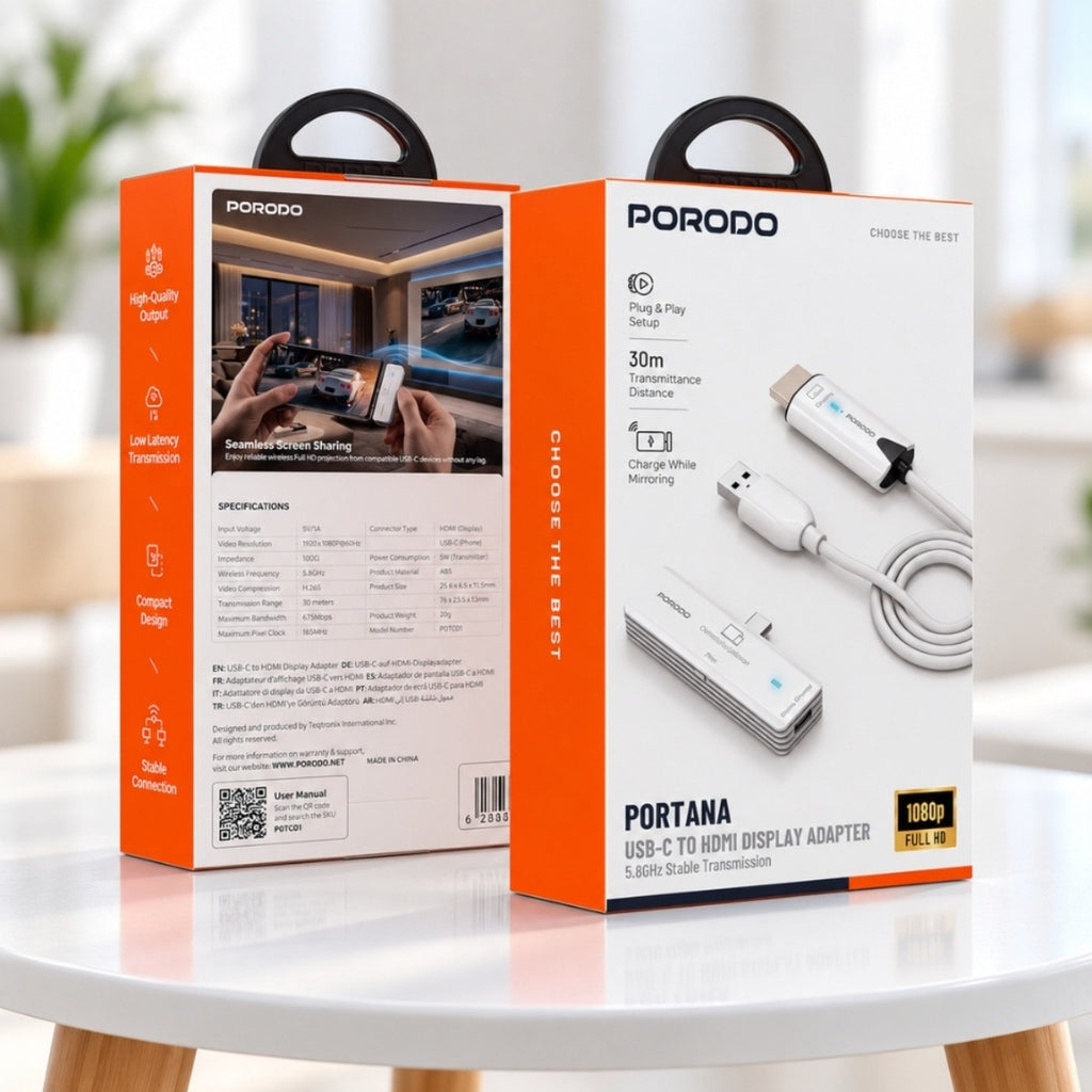 Porodo Portana Wireless USB-C to HDMI Display Adapter 1080p 5.8GHz – White