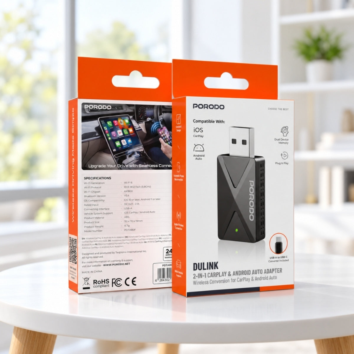 Porodo DuLink 2-in-1 Wireless CarPlay & Android Auto Adapter with Wi-Fi 6 & Bluetooth 5.4 – Black