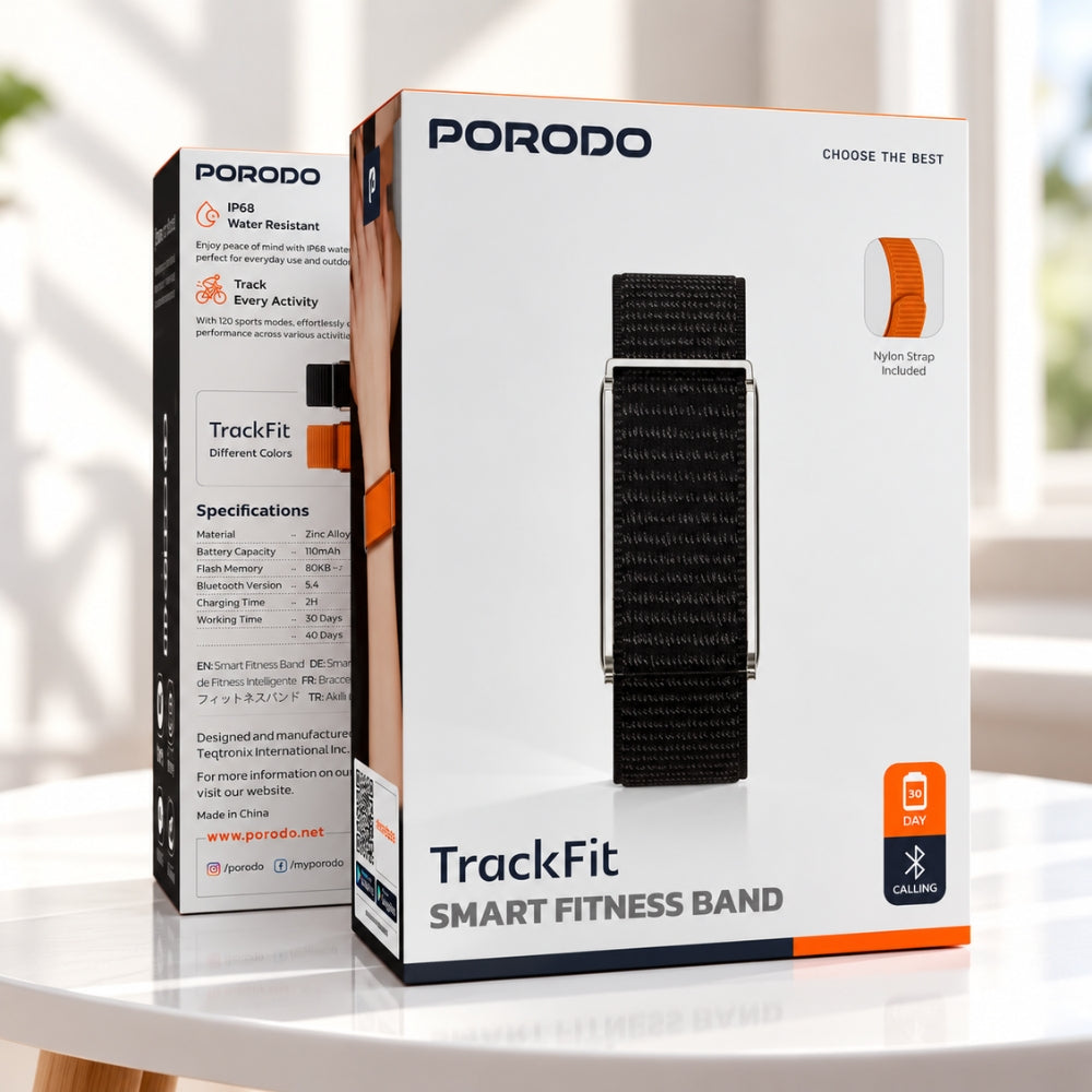 Porodo TrackFit Screenless Smart Fitness Band with Nylon Strap – Black & Orange