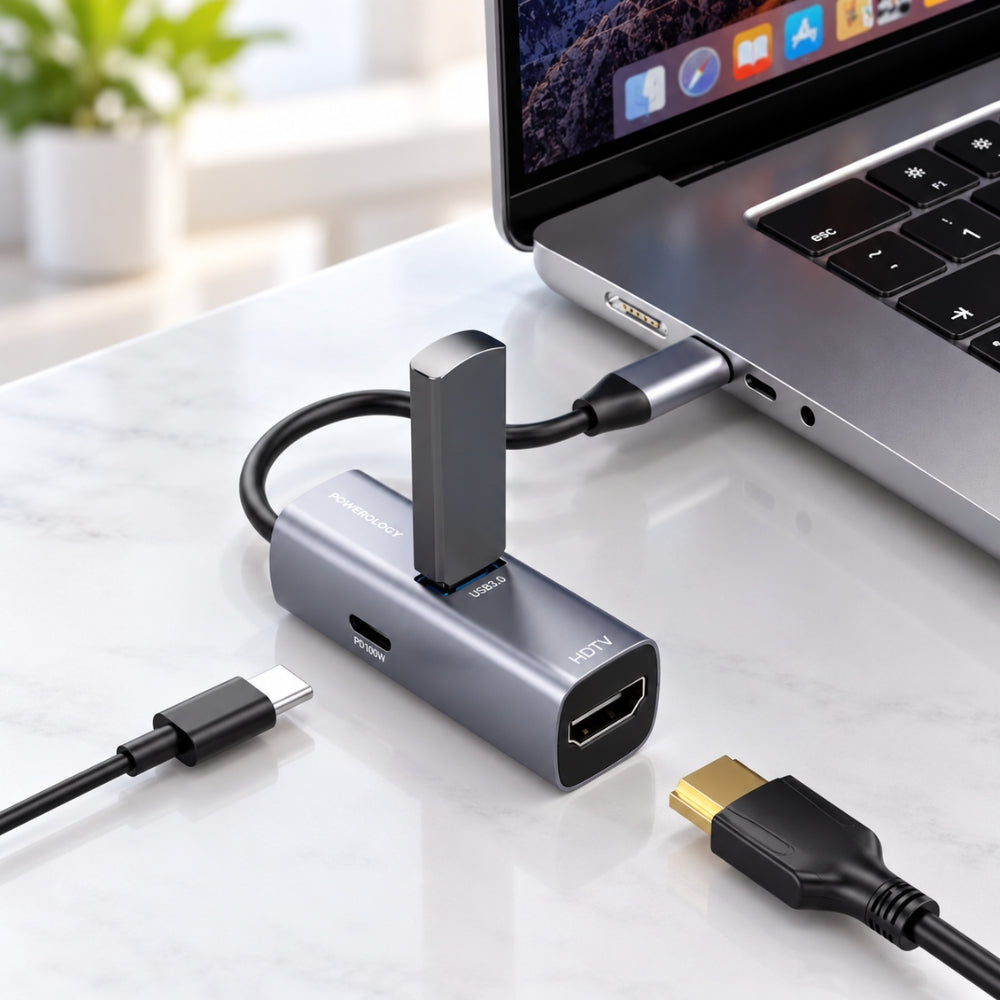 Powerology Aluminum Mini USB-C Hub with 4K HDMI, USB 3.0 & 100W PD