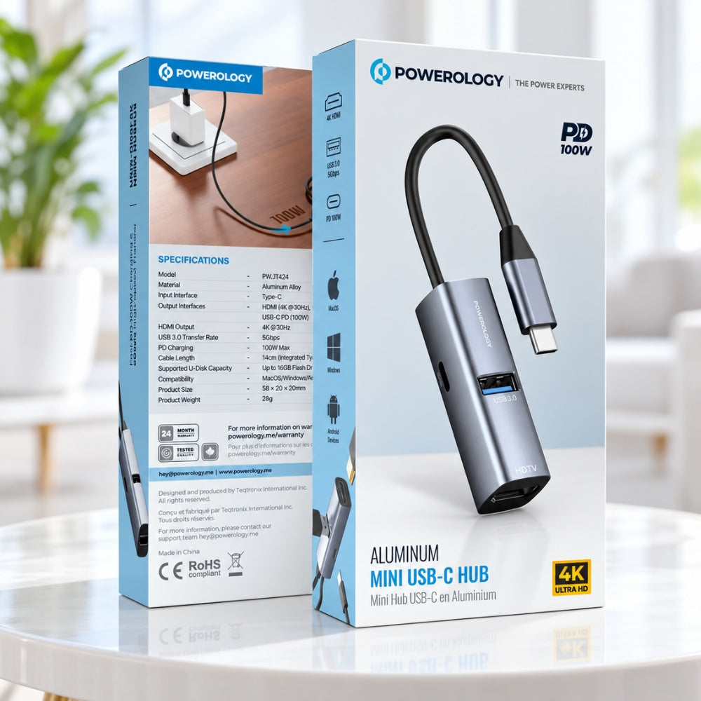 Powerology Aluminum Mini USB-C Hub with 4K HDMI, USB 3.0 & 100W PD