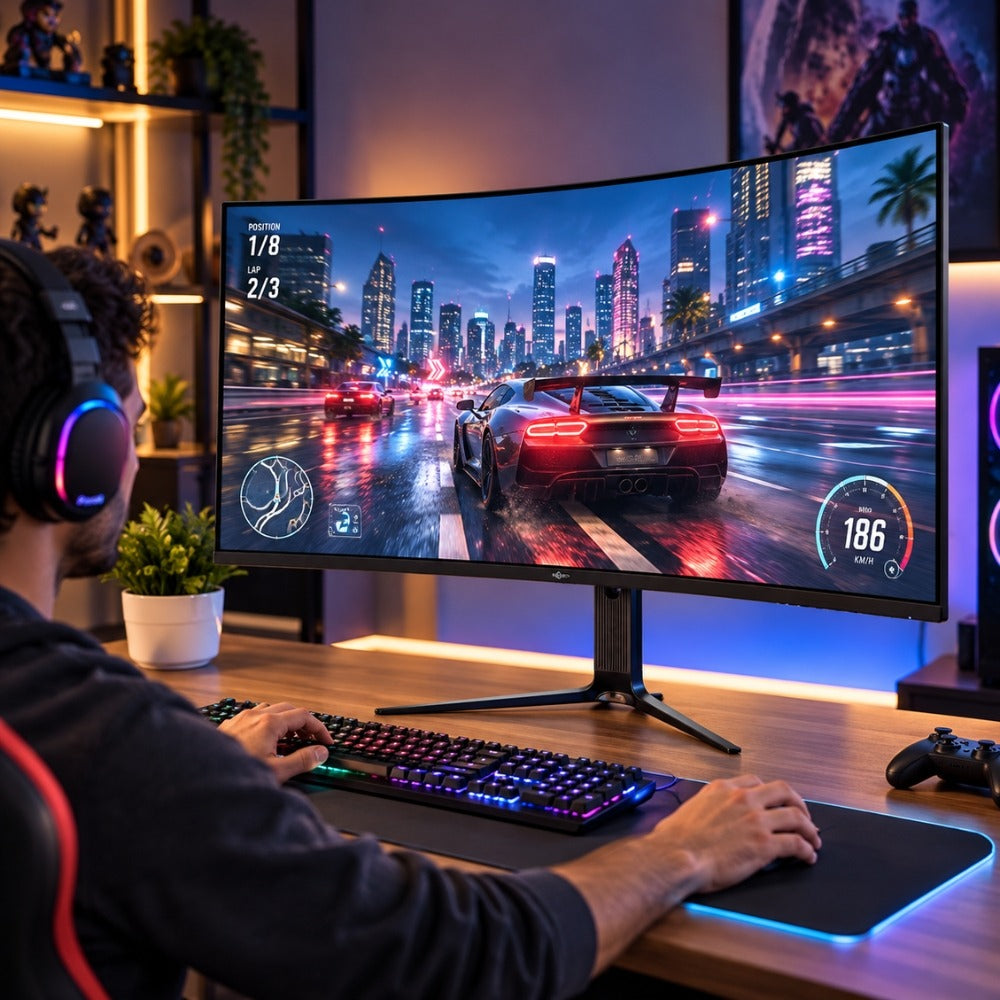 Porodo Gaming 34" Curved Ultra-Wide QHD 200Hz Gaming Monitor with 3-Axis Stand – Black