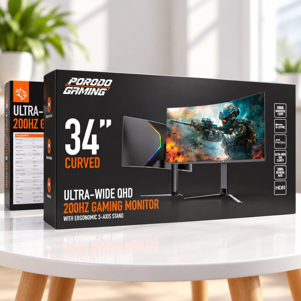 Porodo Gaming 34" Curved Ultra-Wide QHD 200Hz Gaming Monitor with 3-Axis Stand – Black