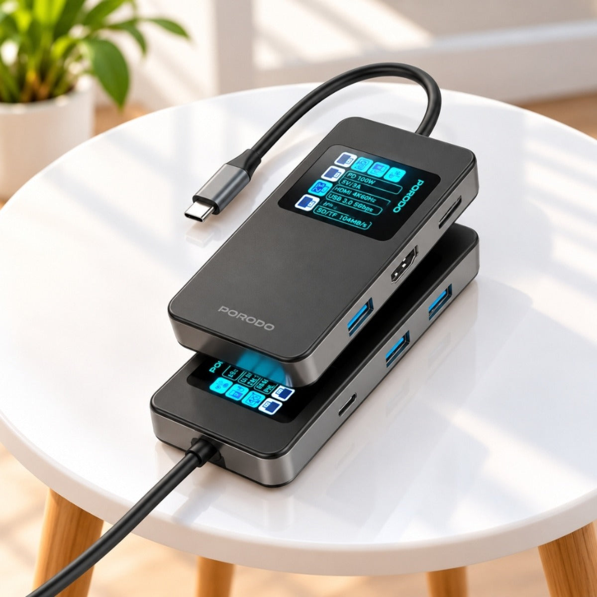 Porodo 6-in-1 USB-C Hub with Smart Digital Display, 4K 60Hz HDMI and 100W PD – Grey