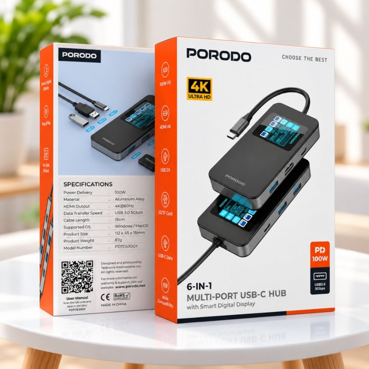 Porodo 6-in-1 USB-C Hub with Smart Digital Display, 4K 60Hz HDMI and 100W PD – Grey