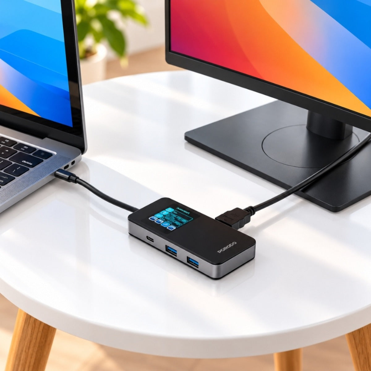 Porodo 6-in-1 USB-C Hub with Smart Digital Display, 4K 60Hz HDMI and 100W PD – Grey